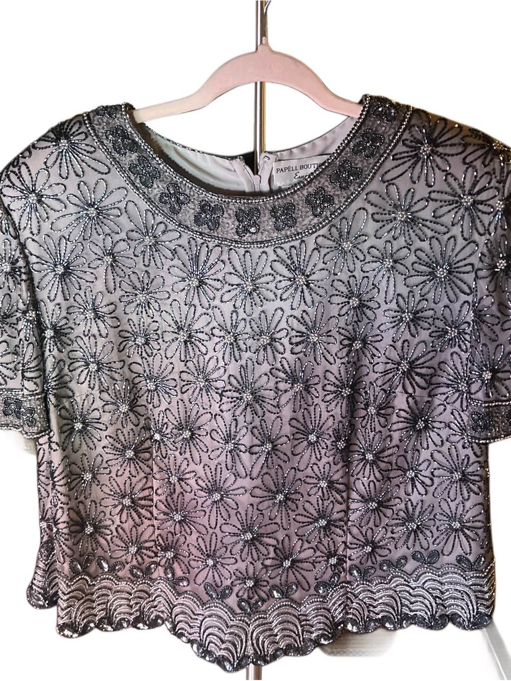 Papell Boutique Evening 3X Beaded Silk Sequin Floral Blouse